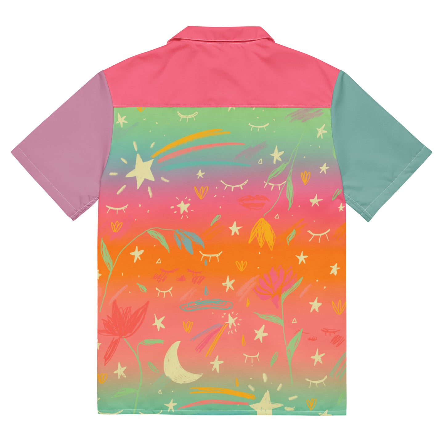 A back view of a rainbow colorful button down shirt with shooting stars, moons, eyelashes, and botanical elements.