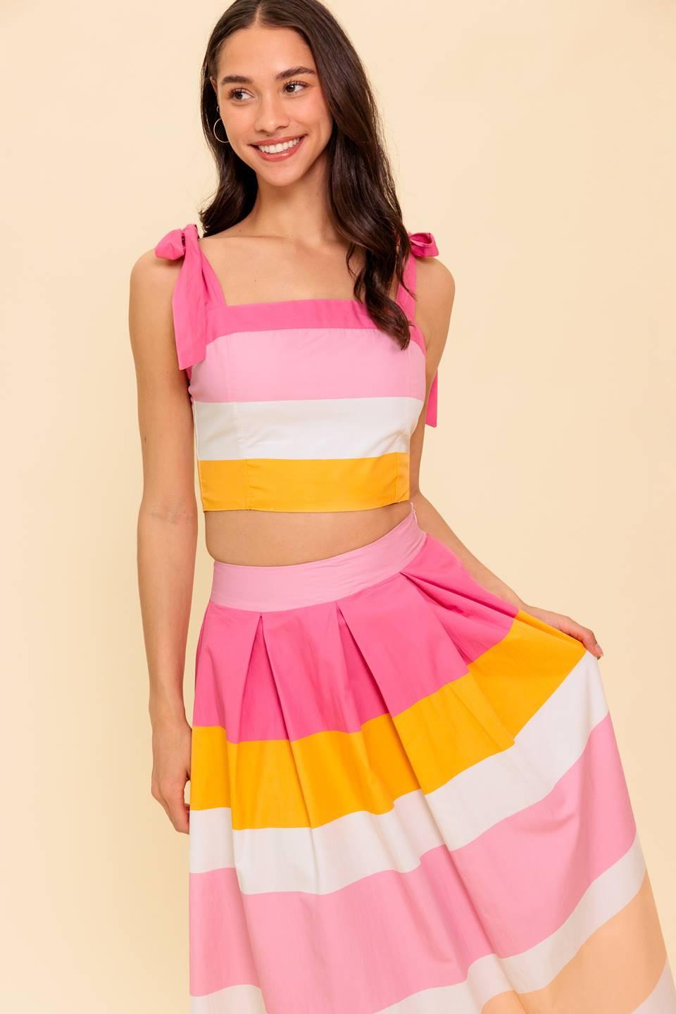 THE SPACE BETWEEN PINK WOVEN TOP AND SKIRT SET