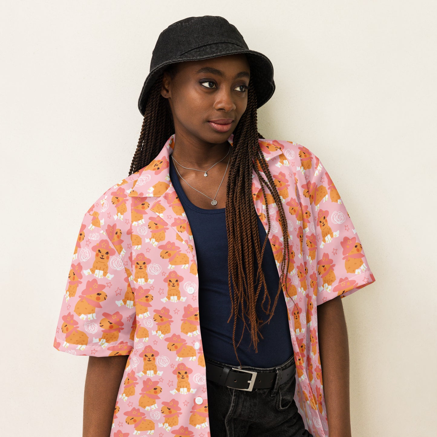 Camisa de botão unissex Cowgirl Capivara Yeehaw Howdy rosa 2XS - 6XL