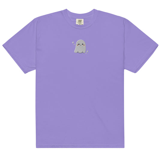 Bonito pequeno fantasma bordado tamanho masculino vestuário tingido conforto cores camiseta pesada S - 3XL