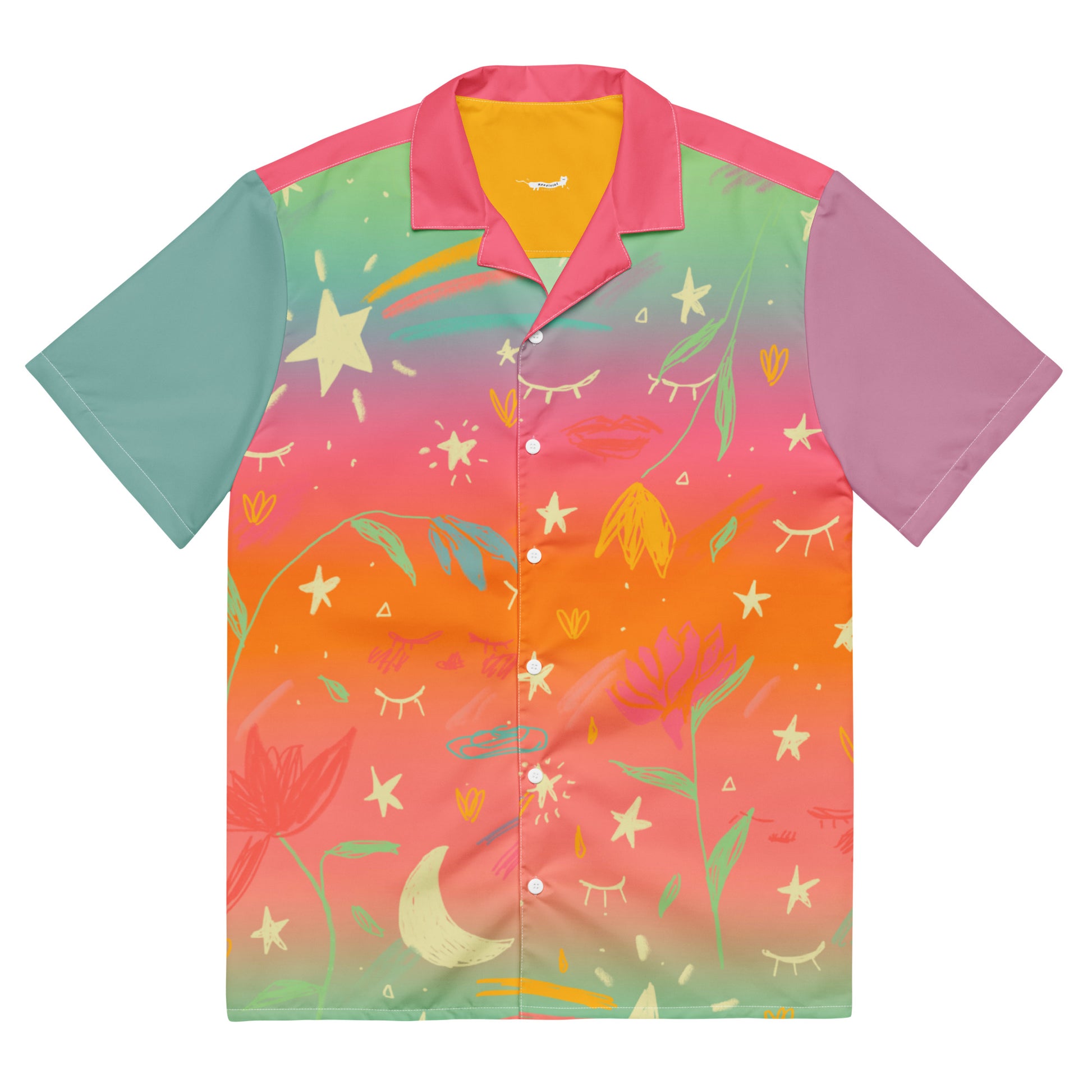 A rainbow colorful button down shirt with shooting stars, moons, eyelashes, and botanical elements.