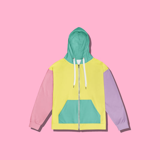 Pastel Nostalgia Unisex zip hoodie | Colorblock Clowncore Hoodie
