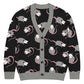 A cute opossum cardigan sweater with black base and a gray, white, and pink opossum pattern on a white background.