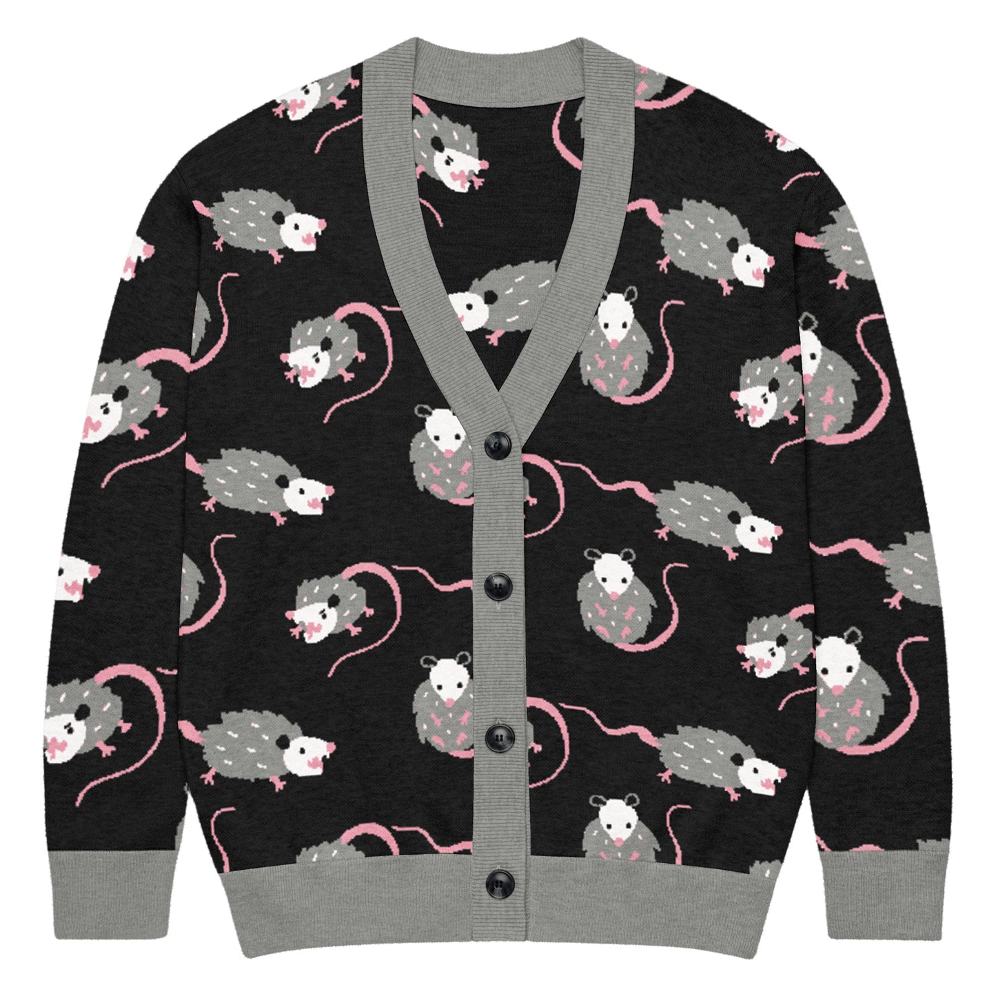 A cute opossum cardigan sweater with black base and a gray, white, and pink opossum pattern on a white background.