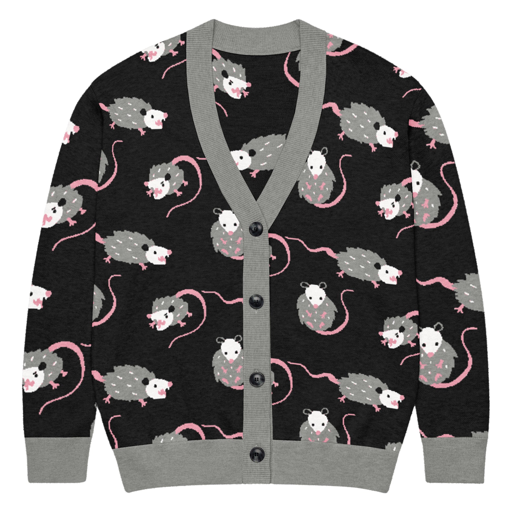 A cute opossum cardigan sweater with black base and a gray, white, and pink opossum pattern on a white background.