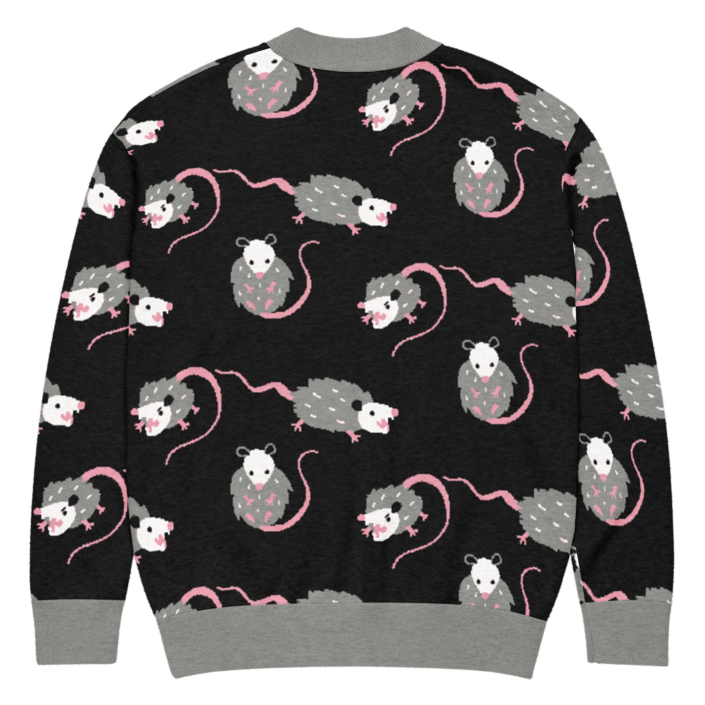 The back view of a cute opossum cardigan sweater with black base and a gray, white, and pink opossum pattern on a white background.