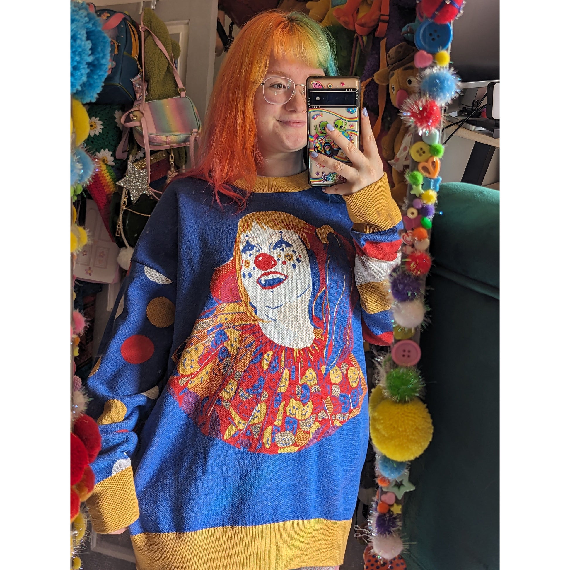 Creepy female clown from IT, costume dress, long sleeves, pom pom buttons,  stripes, S to 4XL