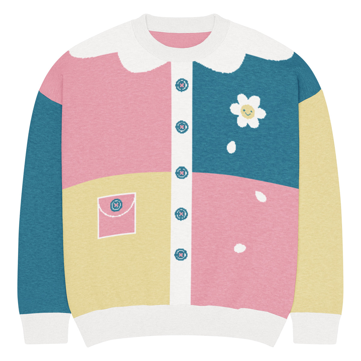 A pastel color-block clowncore sweater with a 2D collar, blue buttons, a pink pocket detail, and a white daisy graphic, shown on a solid white background.