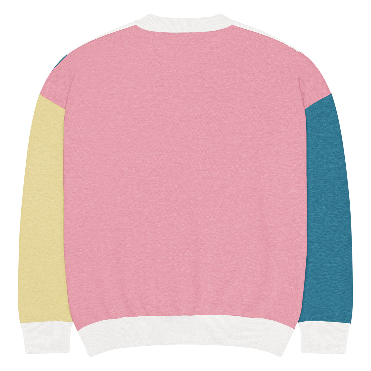 The back of a clowncore sweater with a pink base and yellow and blue sleeves.