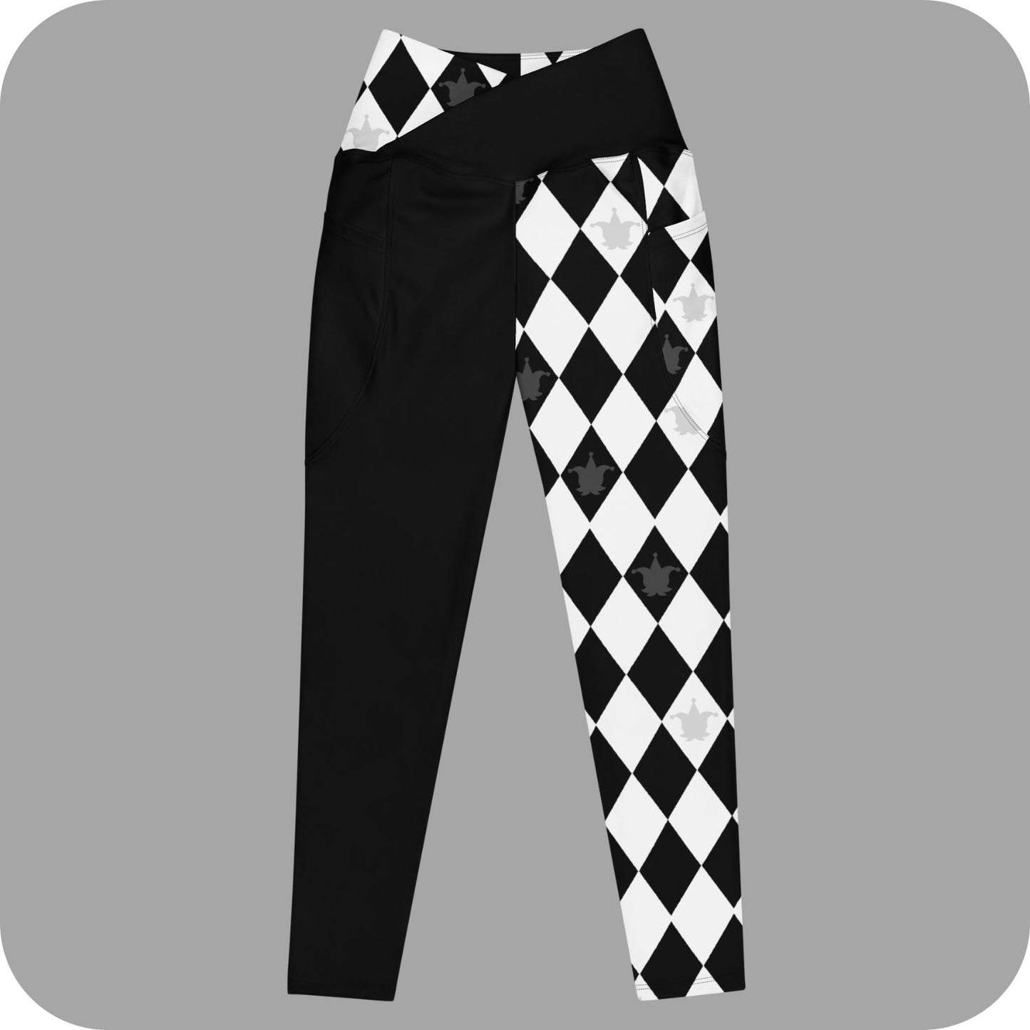 Jester Pattern Black and White Goth Clowncore Crossover leggings with pockets 2XS - 6XL