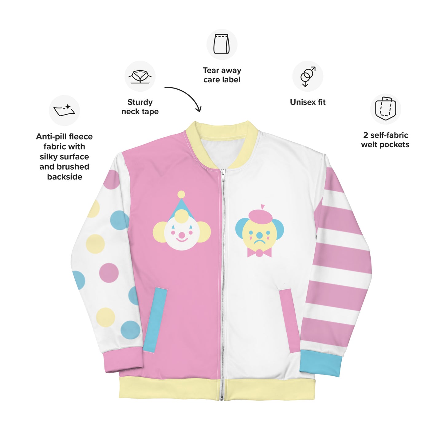 Palhaço vs Mime Clowncore Pastel Colorblock Candy Colorway Jaqueta bomber unissex XS - 3XL