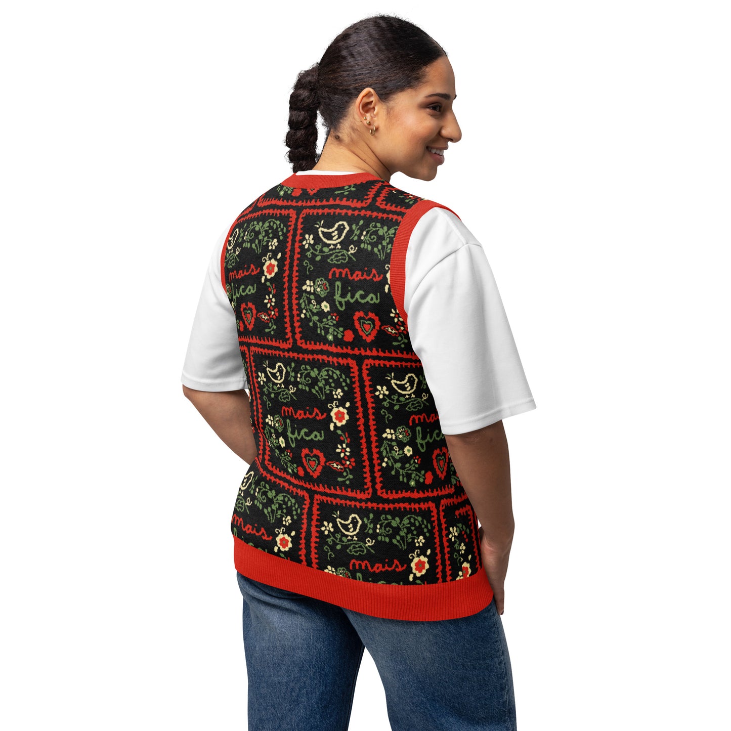 Grandma's Cross-Stitch Portuguese Inspired Mais Fica Knit V-neck Vest 3XS - 3XL