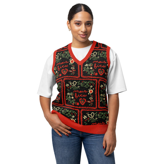 Grandma's Cross-Stitch Portuguese Inspired Mais Fica Knit V-neck Vest 3XS - 3XL