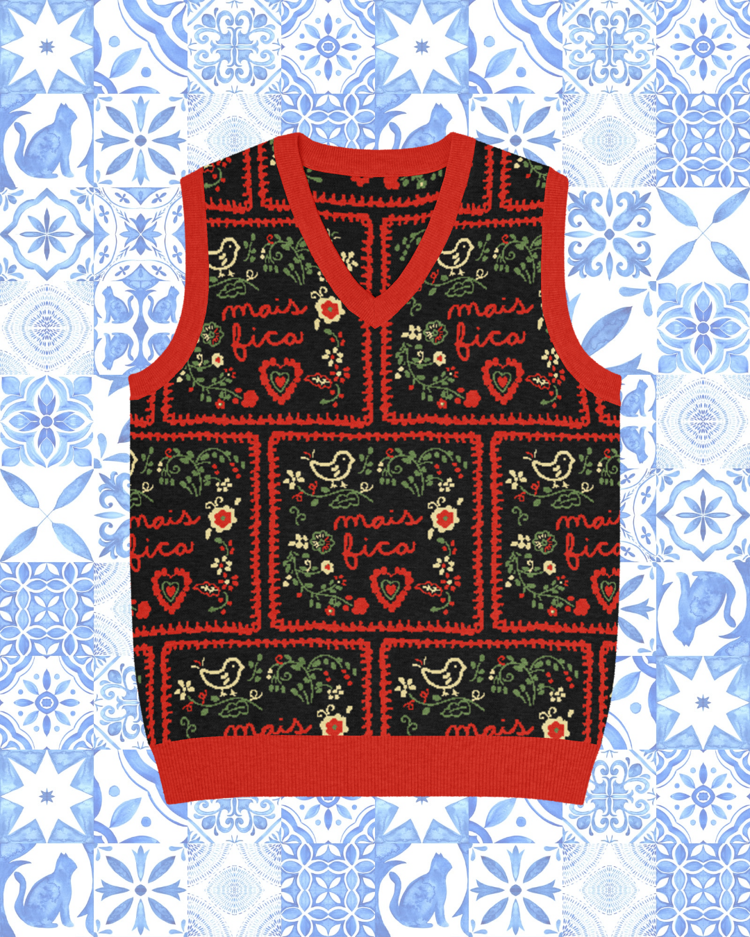 Grandma's Cross-Stitch Portuguese Inspired Mais Fica Knit V-neck Vest 3XS - 3XL