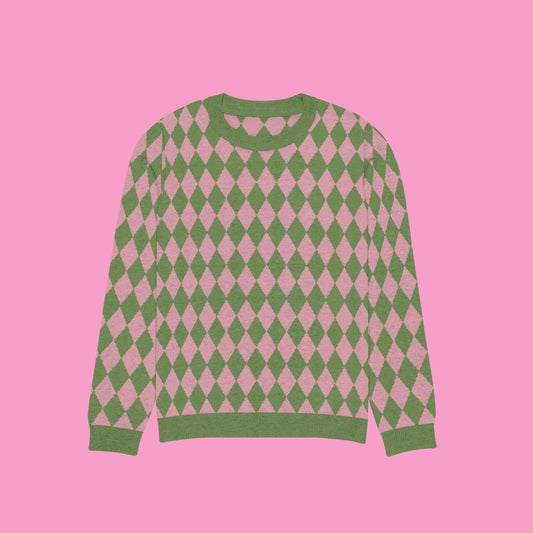 Pink and Green Diamond Knitted crew neck sweater 3XS - 3XL