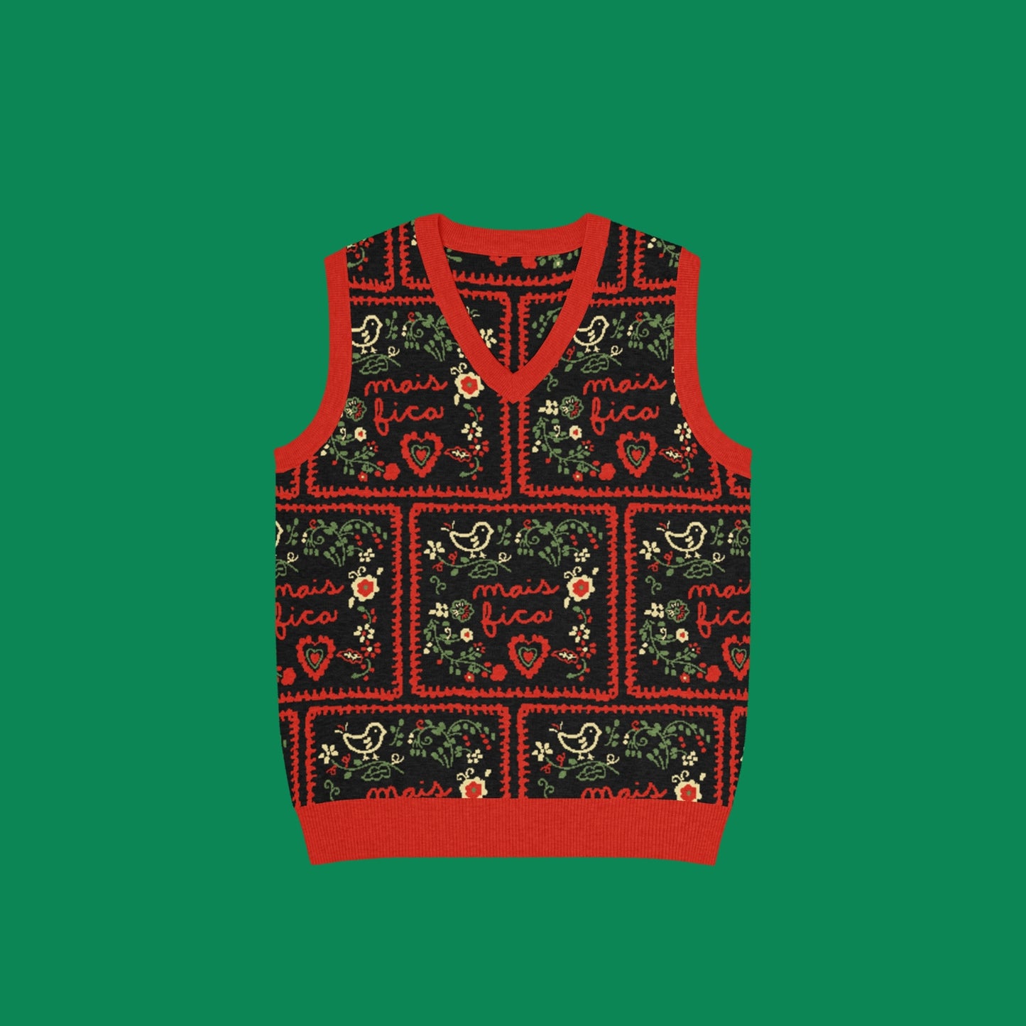 Grandma's Cross-Stitch Portuguese Inspired Mais Fica Knit V-neck Vest 3XS - 3XL