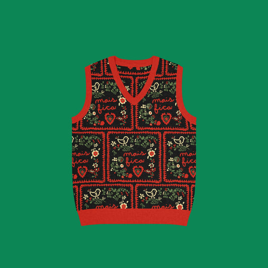 Grandma's Cross-Stitch Portuguese Inspired Mais Fica Knit V-neck Vest 3XS - 3XL