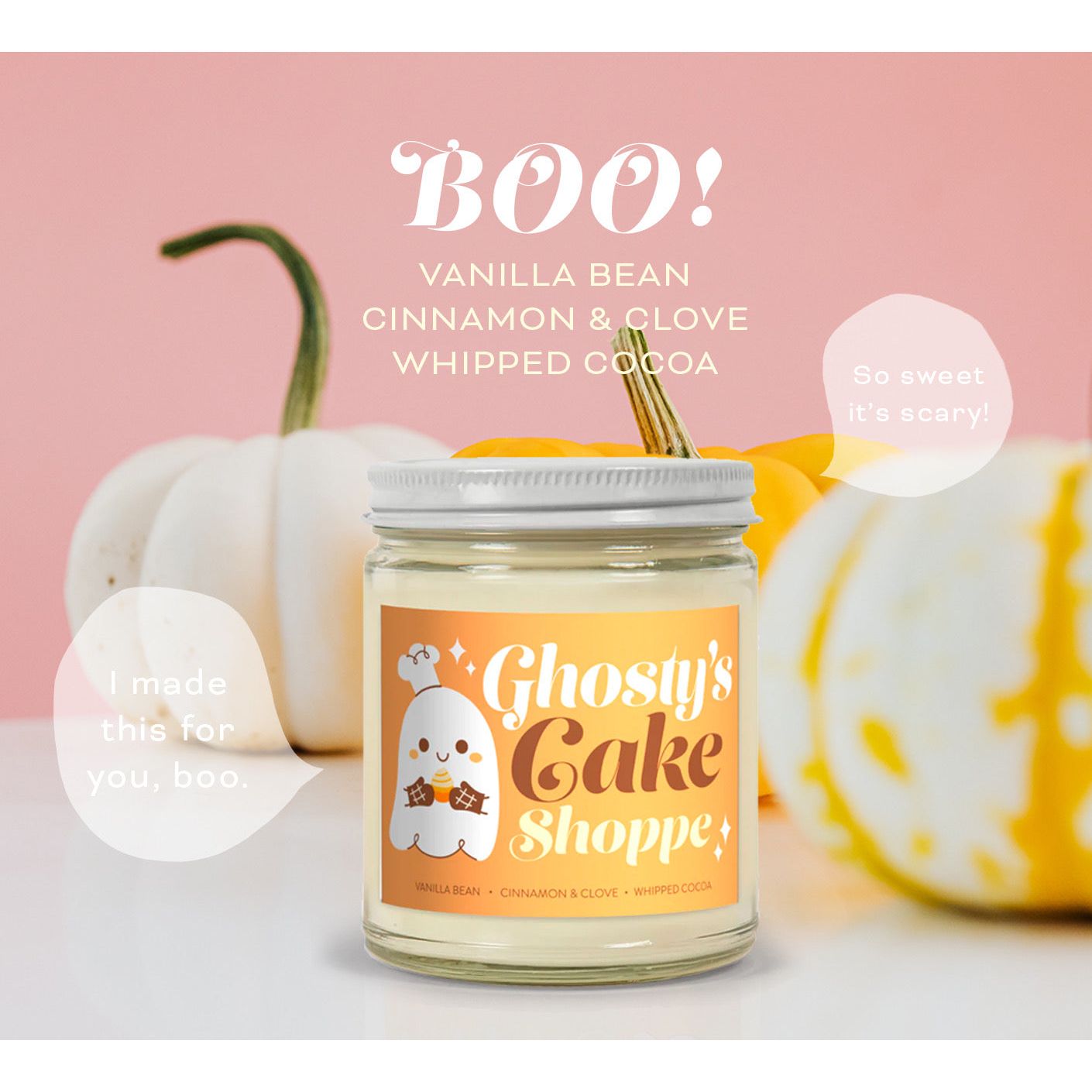 Ghosty’s Cake Shoppe Vanilla Bean Cinnamon and Clove Cute Halloween Candle