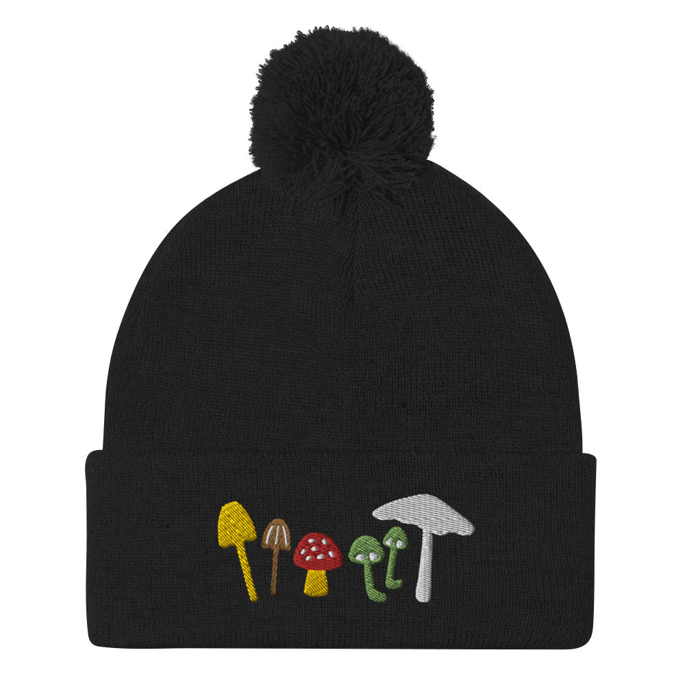 Mushroom Squad Embroidered Pom-Pom Beanie